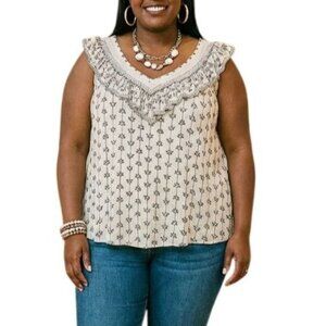 Faded Glory Size XL Sleeveless Ruffle V-Neck Top Black Floral Print Lace Detail